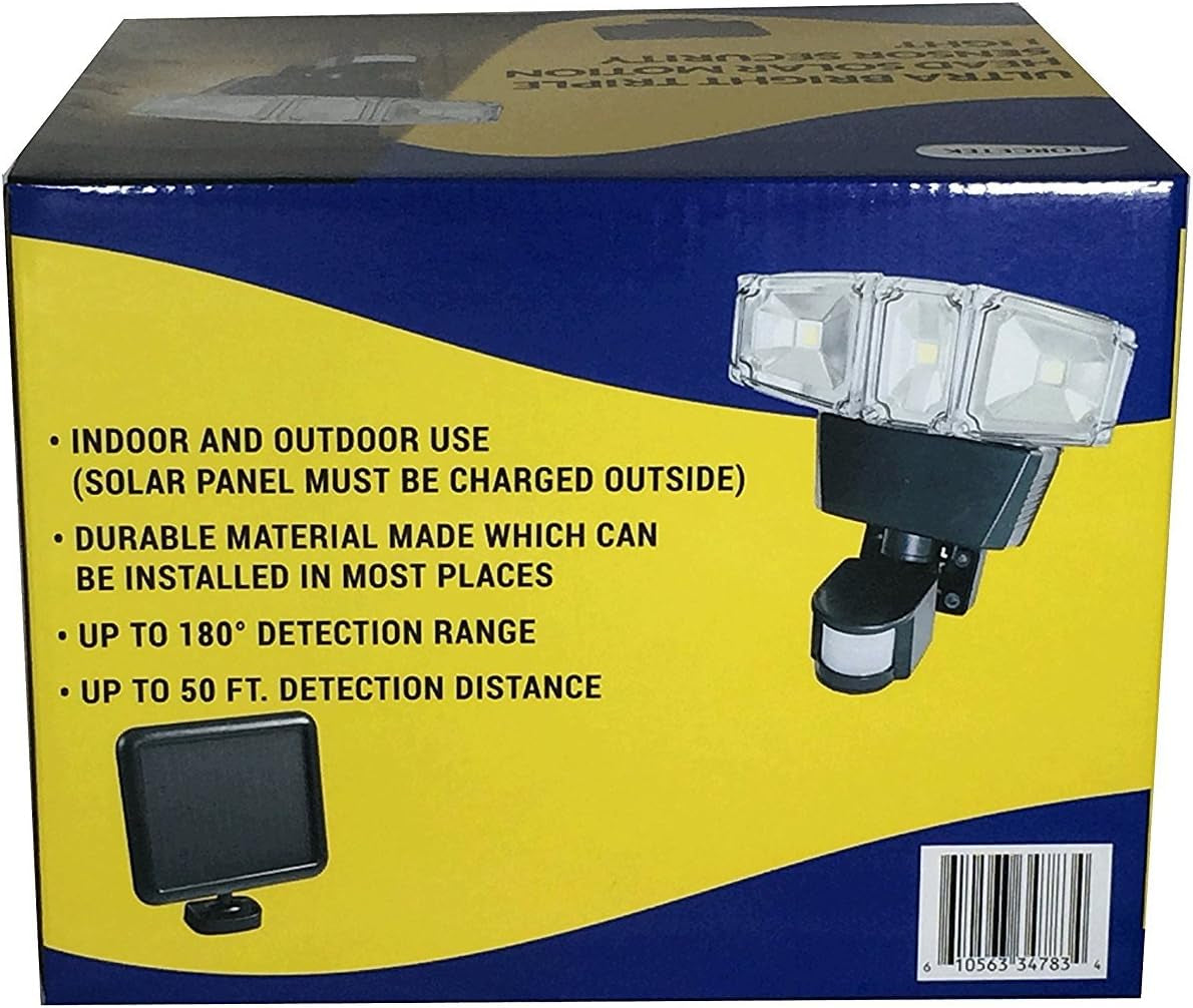 Solar Power Motion Sensor 180 Degree Triple Lamp Security Light with Advance COB LED Technology, 1200 Lumens